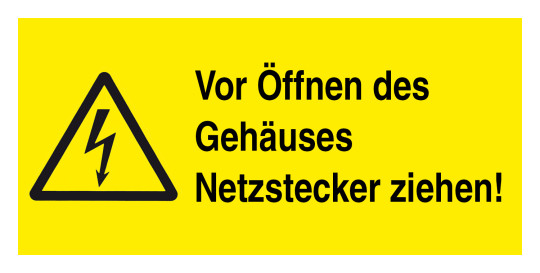 Warnzeichen: Vor öffnen des Gehäuses Netzstecker ziehen!, 74 x 37 mm 