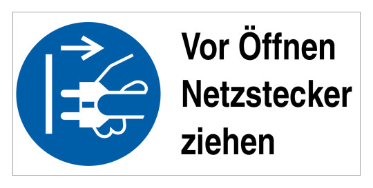 Gebotszeichen: Vor Öffnen Netzstecker ziehen!, 65 x 32 mm 